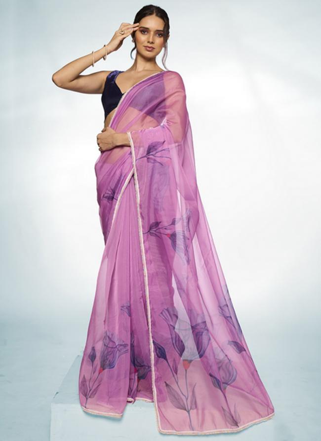 Organza Purple Ceremonial Wear Printed Saree